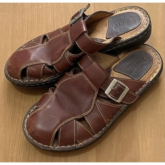 Born Leather Fisherman Sandals Brown Comfort Slip On Buckle Womens 6.5 Shoe - Picture 1 of 6